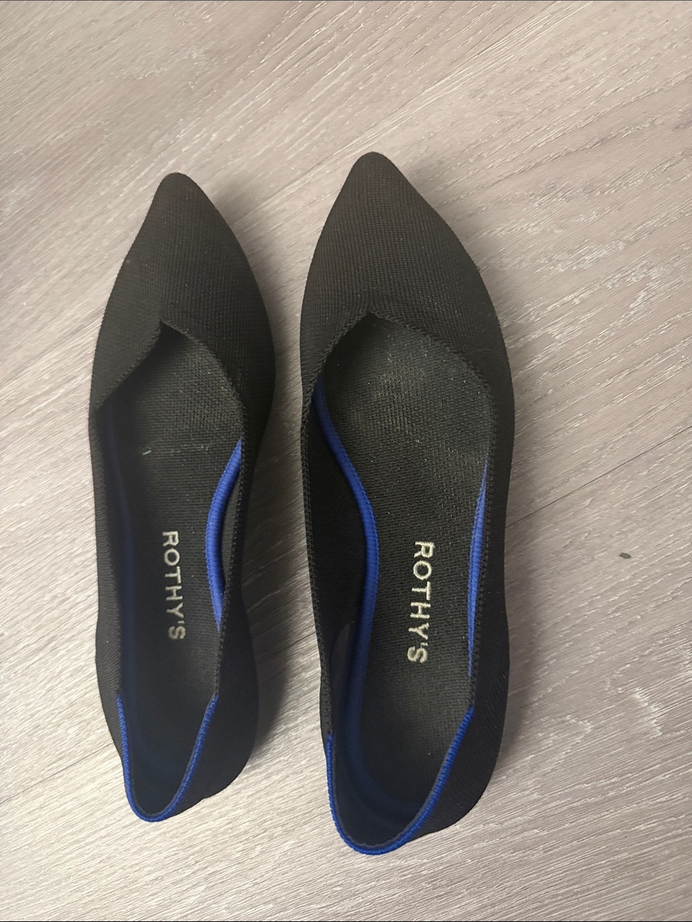Rothy's Black Pointed Knit Flats with Blue Trim